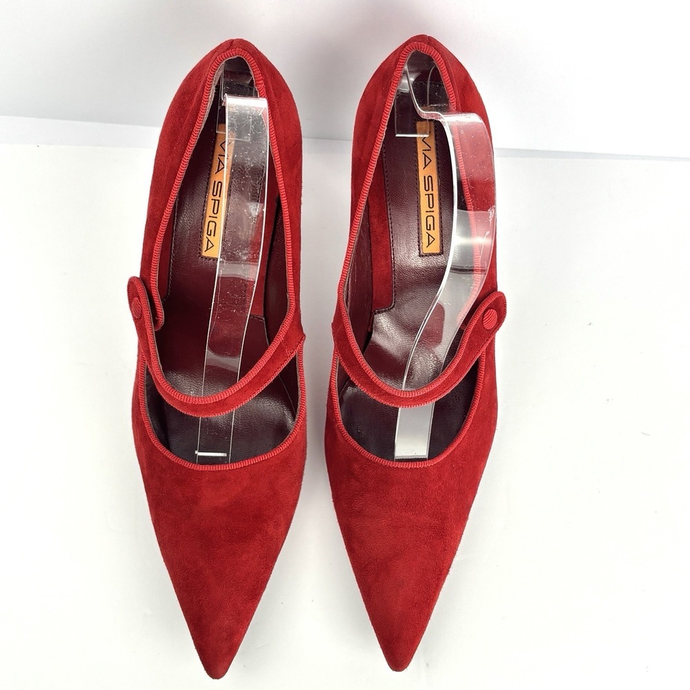 Via Spiga Red Suede Mary Jane Pumps Heels Women's 8.5 M Italy Pointed Toe 39 EU - Picture 8 of 13